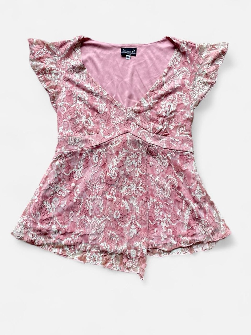 Vtg y2k pink lace babydoll top w ruffle sleeves XL